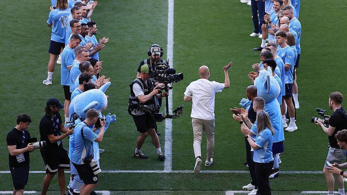  Pep Guardiola said an emotional goodbye to Man City last month. | Simon Stacpoole/Offside/Getty Images 