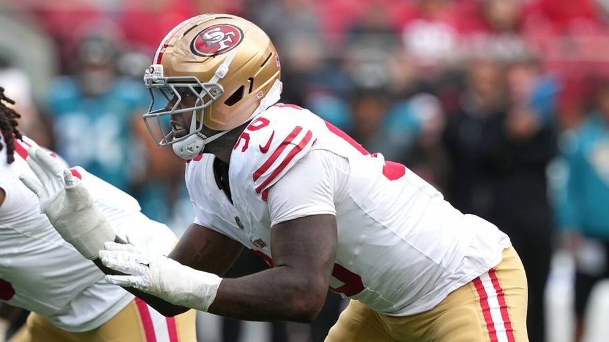  Sep 28, 2025; Santa Clara, California, USA; San Francisco 49ers defensive end Mykel Williams (98) during the second quarter against the Jacksonville Jaguars at Levi's Stadium. Mandatory Credit: Darren Yamashita-Imagn Images | IMAGN IMAGES via Reuters Connect 