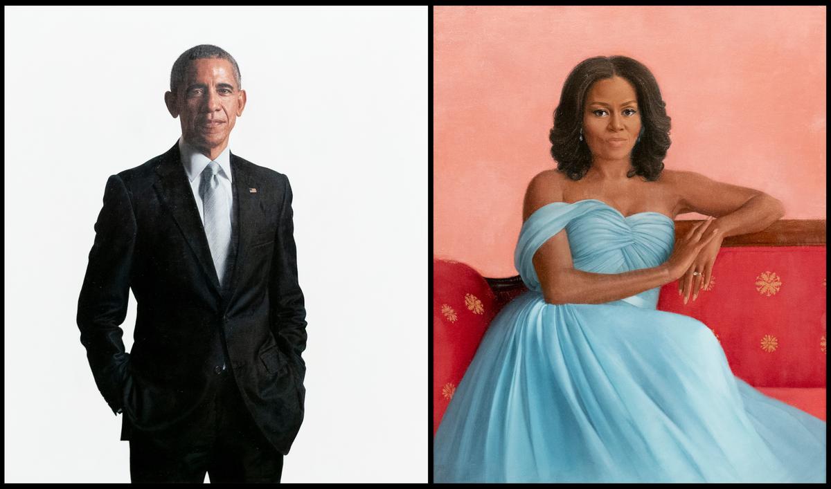 Esta combinación de fotos muestra los retratos oficiales de la Casa Blanca del ex presidente Barack Obama, realizados por el artista Robert McCurdy, y de la ex primera dama Michelle Obama, realizados por la artista Sharon Sprung, durante una ceremonia en el Salón Este de la Casa Blanca, el miércoles 7 de septiembre. , 2022, en Washington. (Foto AP/Andrew Harnik)