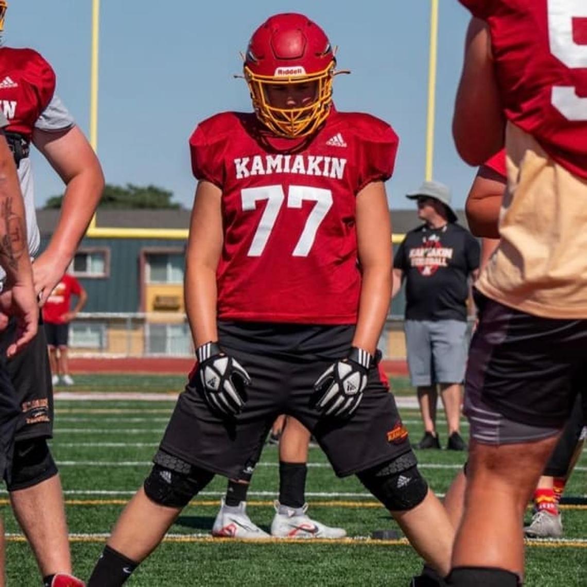 Kamiakin junior offensive lineman Landon Biglin, who anchors a still young but pretty effective line for the Braves.