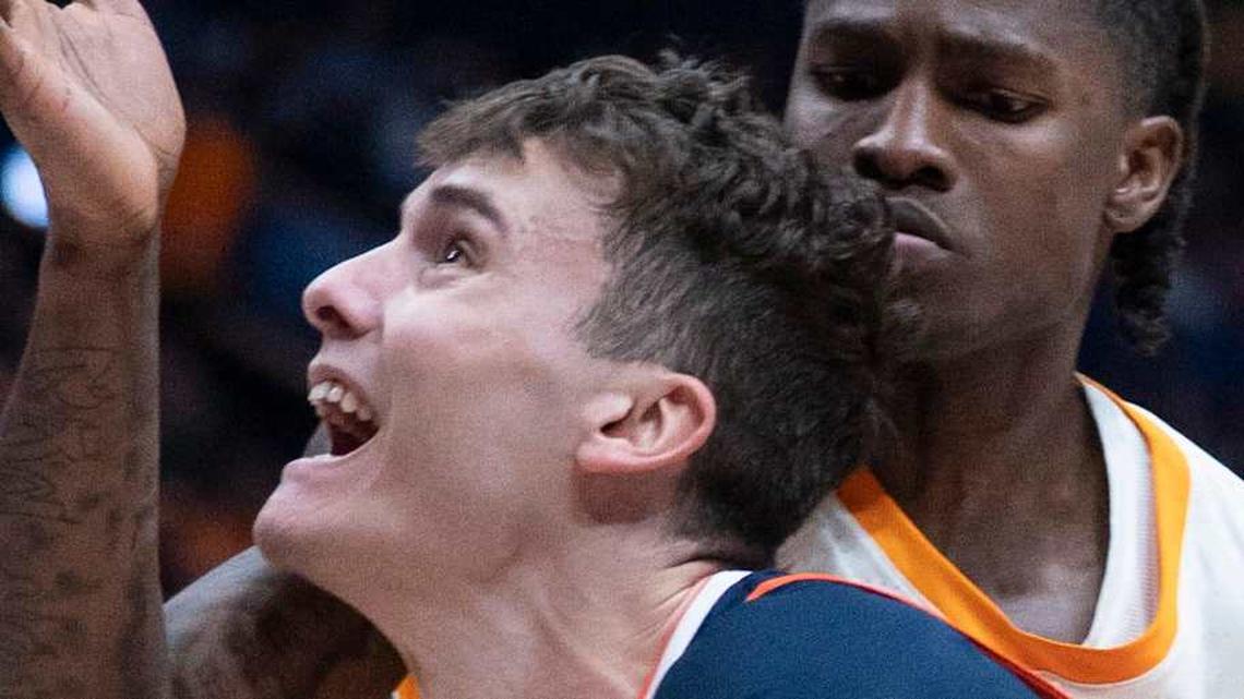  Auburn forward Filip Jovic (38) shoots against Tennessee center Felix Okpara (34) during their Day 2 2026 SEC Men's Basketball Tournament game at Bridgestone Arena in Nashville, Tenn., Thursday, March 12, 2026. | DENNY SIMMONS / THE TENNESSEAN / USA TODAY NETWORK via Imagn Images 