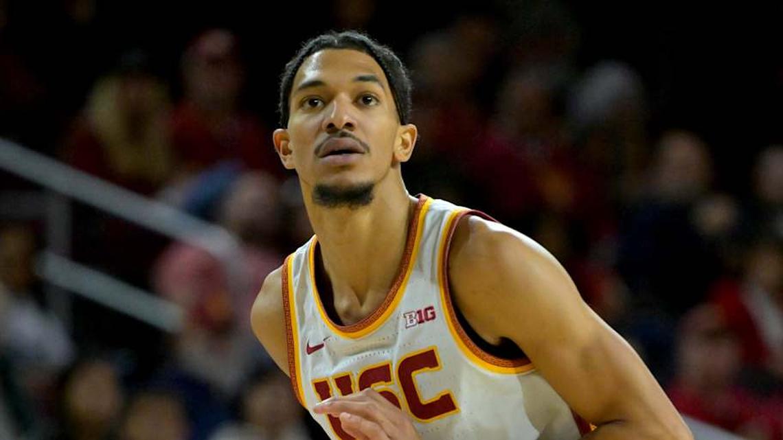  Dec 21, 2025; Los Angeles, California, USA; USC Trojans forward Chad Baker-Mazara (4) in the first half against the UC Santa Cruz Banana Slugs at Galen Center. Mandatory Credit: Jayne Kamin-Oncea-Imagn Images | Jayne Kamin-Oncea-Imagn Images 