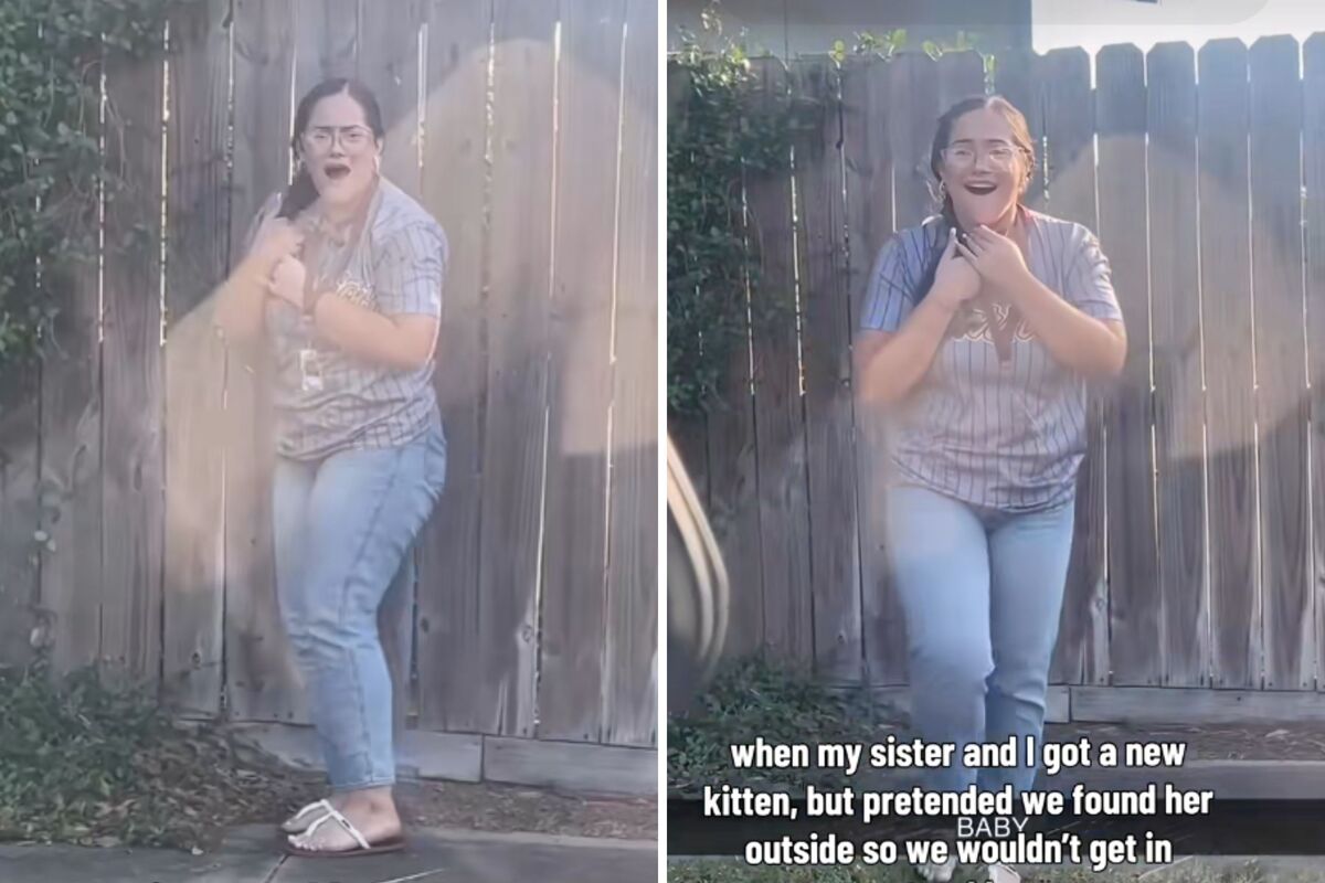  Screenshots from a June 1, 2026, TikTok video of sisters pretending that they found a stray kitten so they would not get in trouble when bringing her home. 