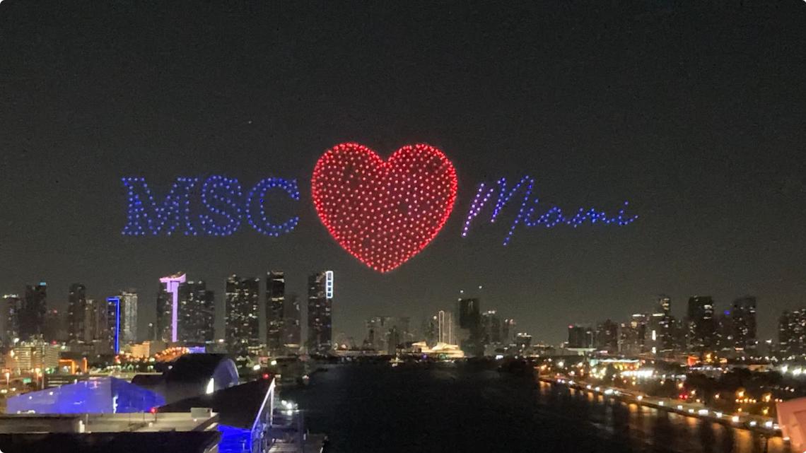 A drone show declares MSC’s love for Miami seen from on board MSC Cruises’ new ship, the MSC World America, in PortMiami on Wednesday, April 10, 2025. (Richard Tribou/Orlando Sentinel)