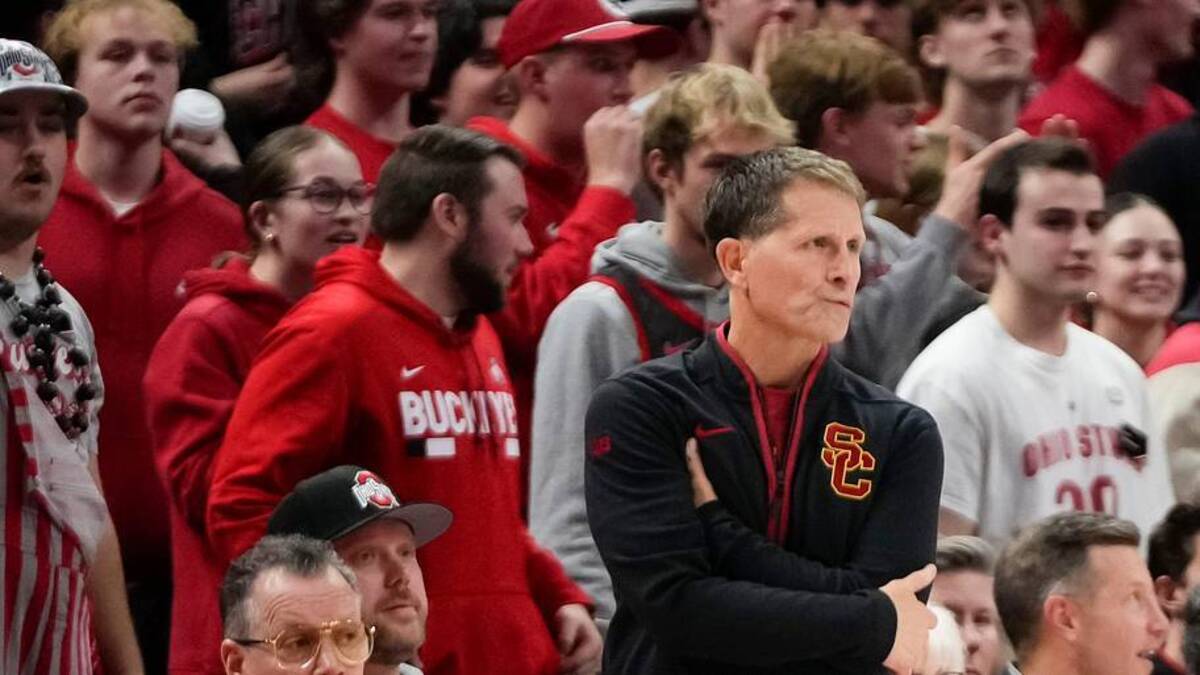  USC Trojans head coach Eric Musselman watches during the second half of the NCAA men's basketball game against the Ohio State Buckeyes at the Schottenstein Center on Feb. 11, 2026. Ohio State won 89-82. | Adam Cairns/Columbus Dispatch / USA TODAY NETWORK via Imagn Images 