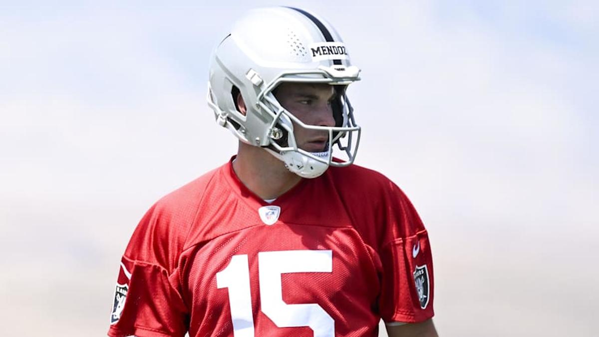 May 2, 2026; Henderson, NV, USA; Las Vegas Raiders quarterback Fernando Mendoza (15) runs through a drill during a Rookie Minicamp at Intermountain Health Performance Center. Mandatory Credit: Candice Ward-Imagn Images | Candice Ward-Imagn Images 