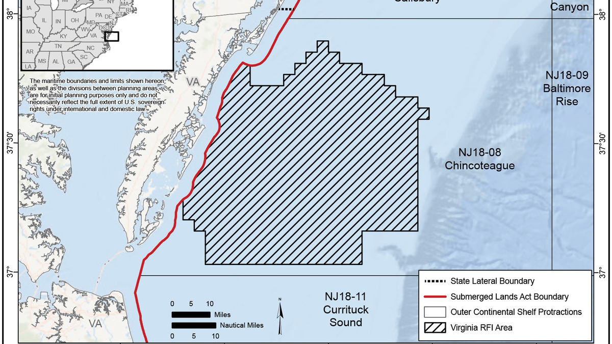 The map shows the Virginia Request for Information Area, highlighting the possible locations for seabed mining off the Eastern Shore. (Bureau of Ocean Energy Management/U.S. Department of the Interior/TNS)