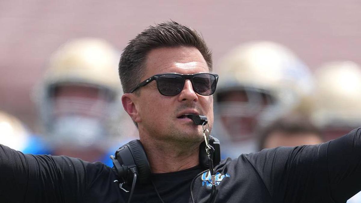  May 2, 2026; Pasadena, CA, USA; UCLA Bruins coach Bob Chesney reacts during the spring game at Rose Bowl. Mandatory Credit: Kirby Lee-Imagn Images | Kirby Lee-Imagn Images 