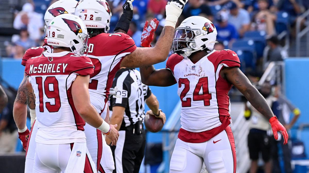 Arizona Cardinals running back Darrel Williams (24) is congratulated after scoring a touchdown against the Tennessee Titans in the first half of a preseason NFL football game Saturday, Aug. 27, 2022, in Nashville, Tenn. (AP Photo/Mark Zaleski)