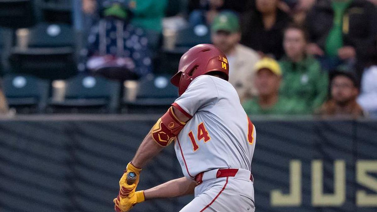  USC outfielder Jack Basseer hits a single as the Oregon Ducks host the USC Trojans on May 14, 2026, in Eugene, Oregon. | Ben Lonergan/The Register-Guard / USA TODAY NETWORK via Imagn Images 