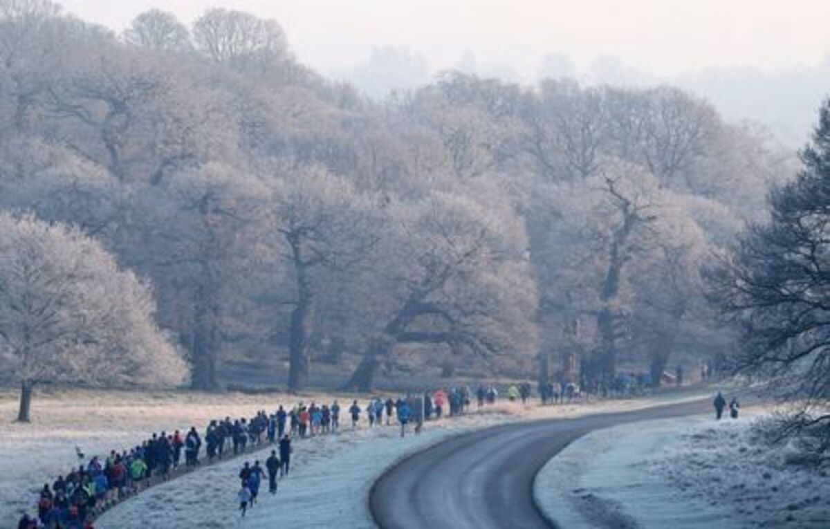 FILE PHOTO: Runners take part in the weekly 'parkrun' on a cold winter morning in Richmond Park, London, Britain, January 11, 2025. REUTERS/Toby Melville/File Photo
