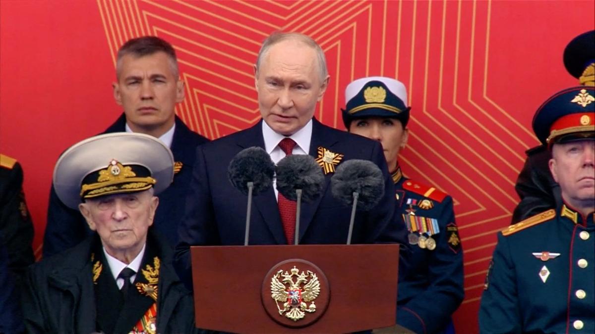 Russian President Vladimir Putin delivers a speech during a military parade on Victory Day, marking the 81st anniversary of the victory over Nazi Germany in World War Two, in Red Square in central Moscow, Russia, May 9, 2026, in this still image taken from video. Kremlin.ru/Handout via REUTERS
