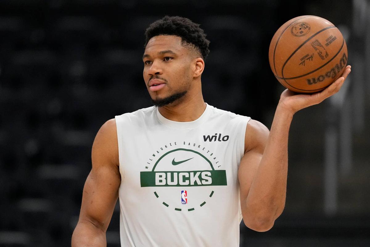  Mar 28, 2026; Milwaukee, Wisconsin, USA; Milwaukee Bucks forward Giannis Antetokounmpo (34) warms up prior to the game against the San Antonio Spurs at Fiserv Forum. Mandatory Credit: Jeff Hanisch-Imagn Images 