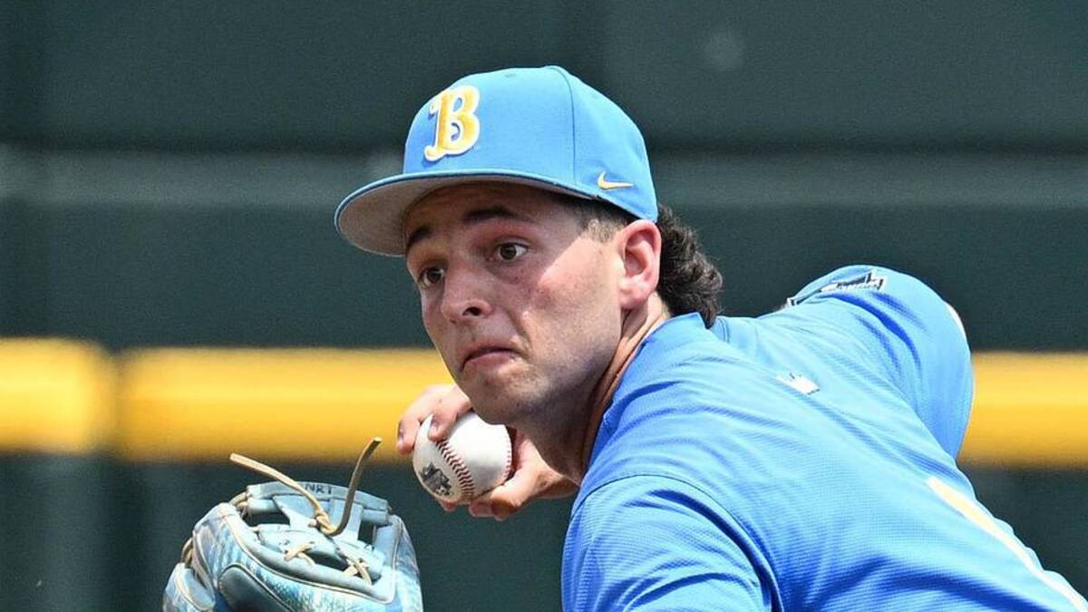 Jun 14, 2025; Omaha, Neb, USA; UCLA Bruins shortstop Roch Cholowsky (1) completes a double play against the Murray State Racers during the second inning at Charles Schwab Field. Mandatory Credit: Steven Branscombe-Imagn Images | Steven Branscombe-Imagn Images 