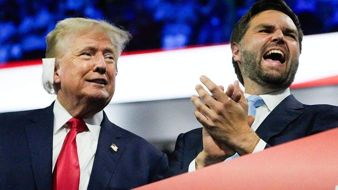 Former President Donald Trump appears with his vice presidential nominee, Sen. JD Vance of Ohio, during the first day of the Republican National Convention in Milwaukee on Monday.