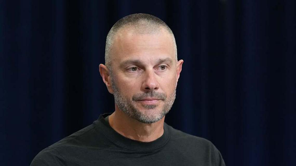  Feb 24, 2026; Indianapolis, IN, USA; Las Vegas Raiders general manager John Spytek speaks at the NFL Scouting Combine at the Indiana Convention Center. Mandatory Credit: Kirby Lee-Imagn Images | Kirby Lee-Imagn Images 