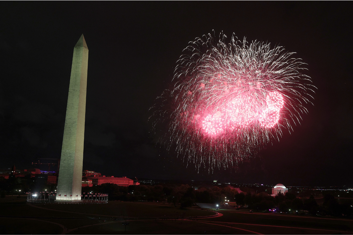  Fireworks explode in the air over the National Mall at the conclusion of UFC Freedom 250 which is being held on the South Lawn of the White House on June 15, 2026 in Washington, DC. 