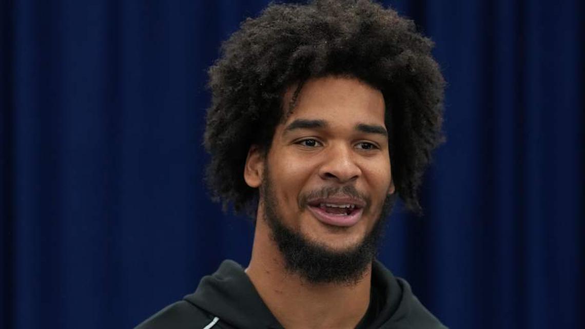  Feb 25, 2026; Indianapolis, IN, USA; Southern California linebacker Eric Gentry (LB09) speaks during the NFL Scouting Combine at the Indiana Convention Center. Mandatory Credit: Kirby Lee-Imagn Images | Kirby Lee-Imagn Images 