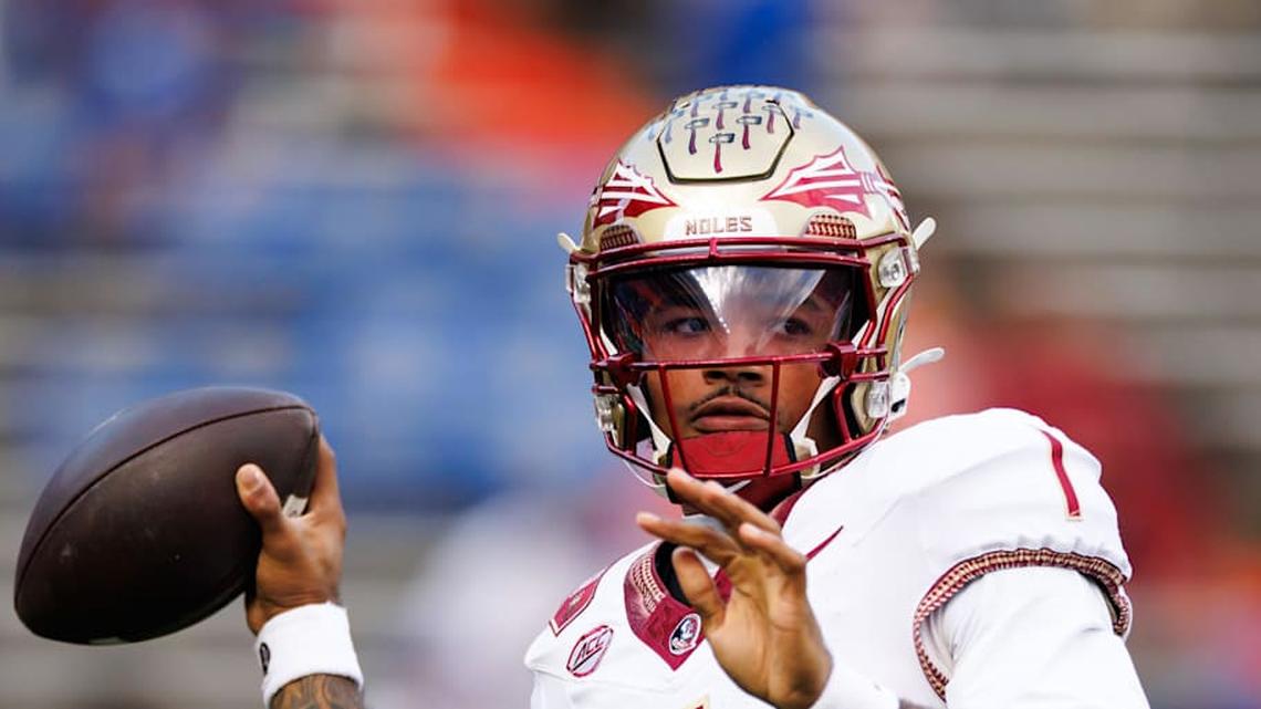  Nov 29, 2025; Gainesville, Florida, USA; Florida State Seminoles quarterback Tommy Castellanos (1) throws the ball before a game against the Florida Gators at Ben Hill Griffin Stadium. Mandatory Credit: Matt Pendleton-Imagn Images | Matt Pendleton-Imagn Images 