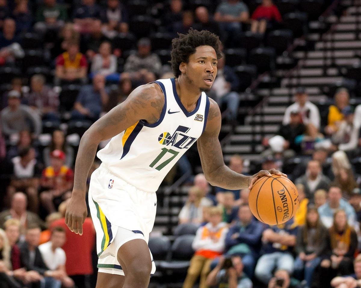Oct 5, 2019; Salt Lake City, UT, USA; Utah Jazz center Ed Davis (17) dribbles the ball during the first half of a preseason game against the Adelaide 36ers at Vivant Smart Home Arena. Mandatory Credit: Russ Isabella-USA TODAY Sports