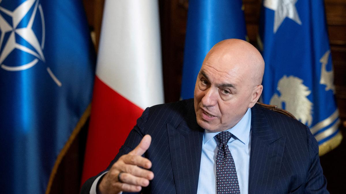 FILE PHOTO: Italy's Defence Minister Guido Crosetto gestures during an interview with Reuters, in Rome, Italy, April 14, 2025. REUTERS/Remo Casilli/File Photo