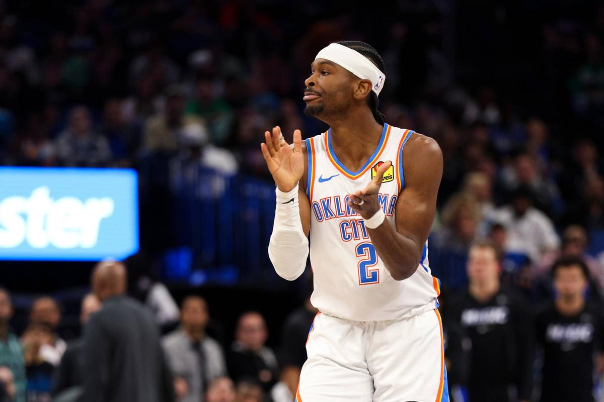  Oklahoma City Thunder guard Shai Gilgeous-Alexander (2) reacts after making a basket. Nathan Ray Seebeck-Imagn Images