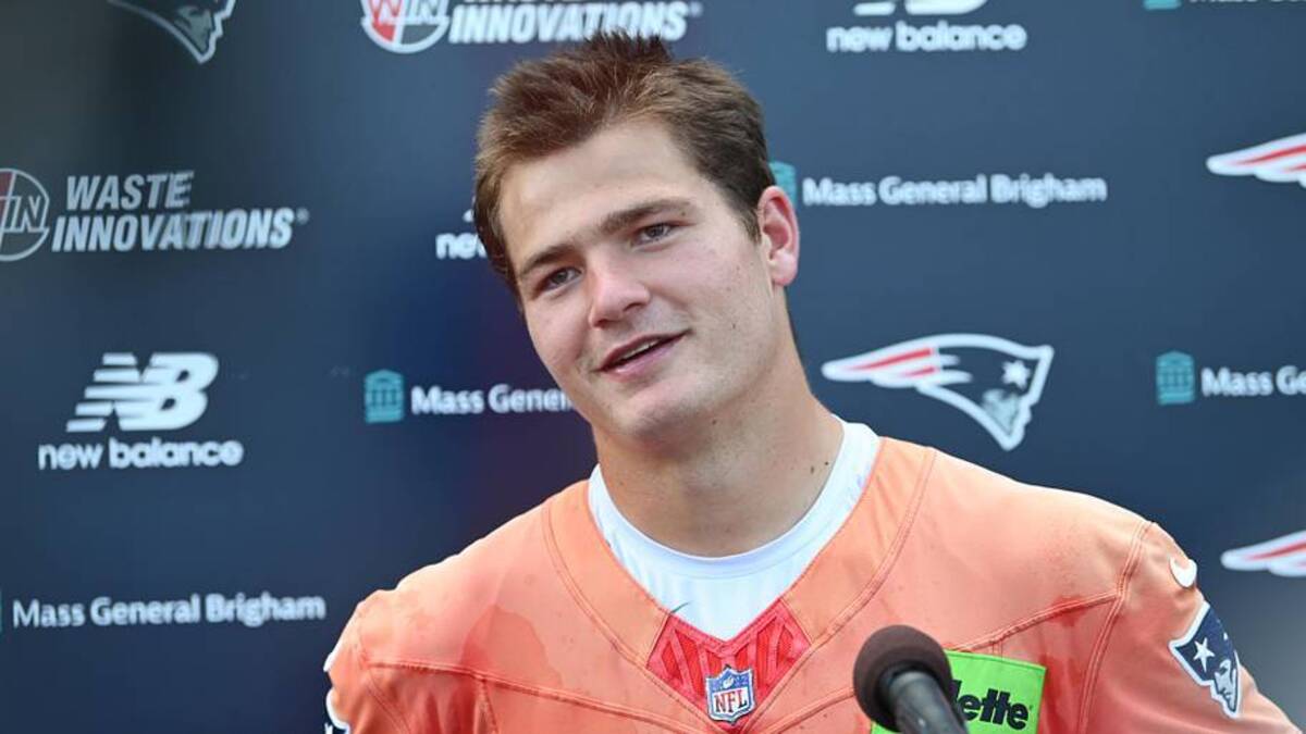  Jun 10, 2026; Foxborough, MA, USA; New England Patriots quarterback Drake Maye (10) speaks to the media after minicamp at Gillette Stadium. Mandatory Credit: Eric Canha-Imagn Images | Eric Canha-Imagn Images 
