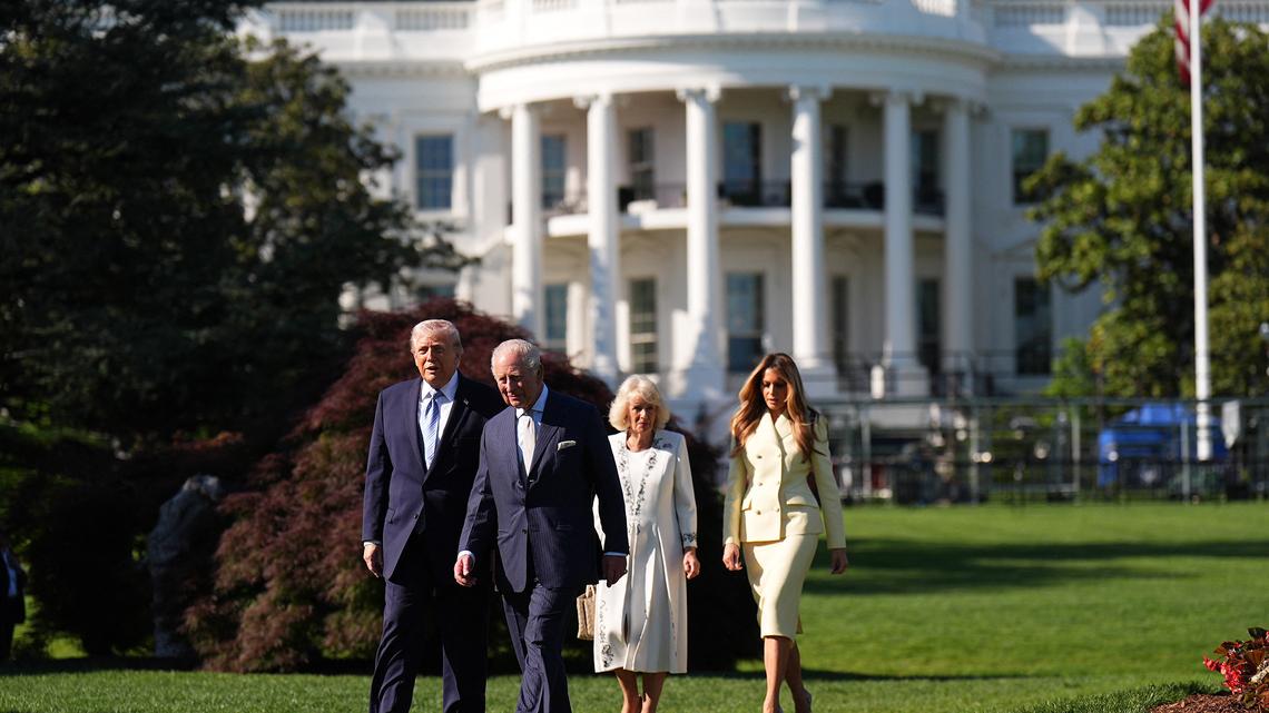 From left, President Donald Trump, British King Charles III, Queen Camilla and first lady Melania Trump walk to the White House beehive on the South Lawn of the White House in Washington on Monday. The British monarch and his wife are on a four-day trip, his first state visit to the U.S. since becoming king in 2022.