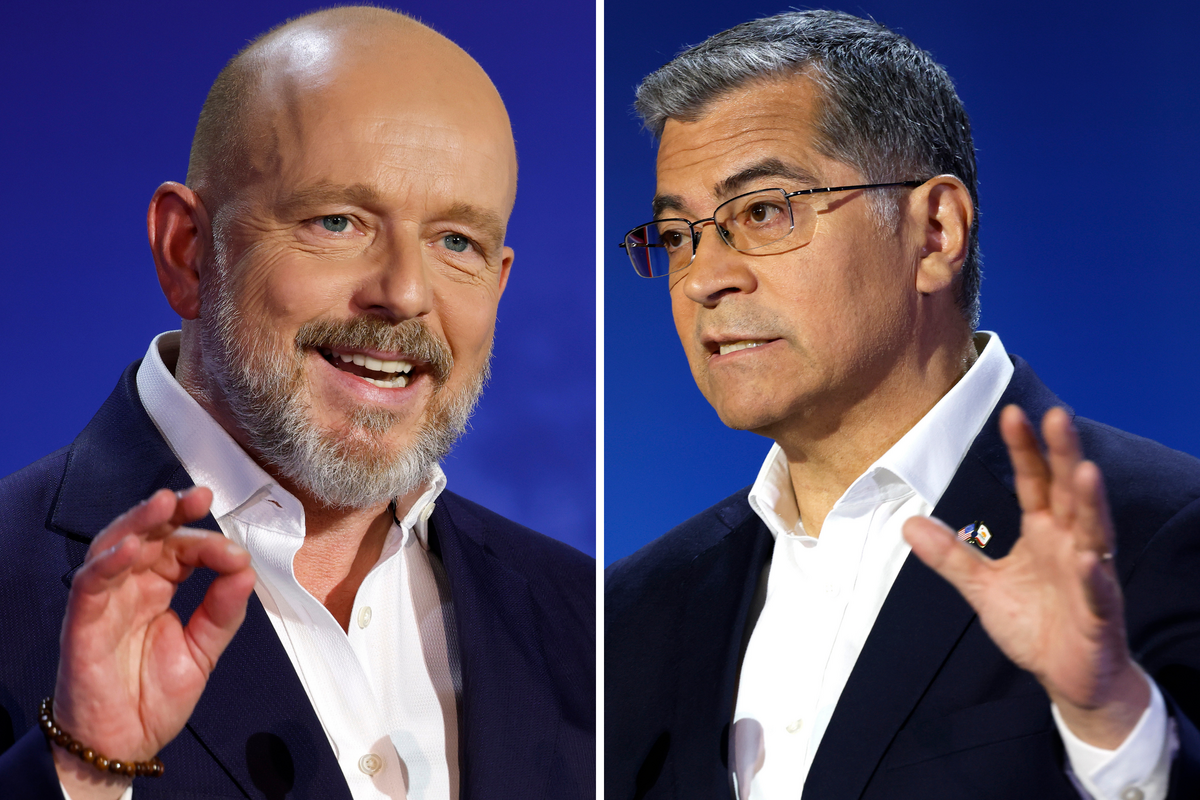  Steve Hilton (L) and Xavier Becerra (R) at the CBS California Gubernatorial Debate at Pomona College on April 28, 2026. 