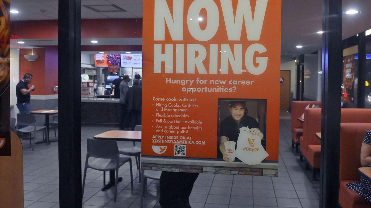 A now hiring sign is seen in the window of a fast food restaurant in Orange California on January 27, 2021. Job openings rose to 7.6 million in April 2026. File Photo by Jim Ruymen/UPI