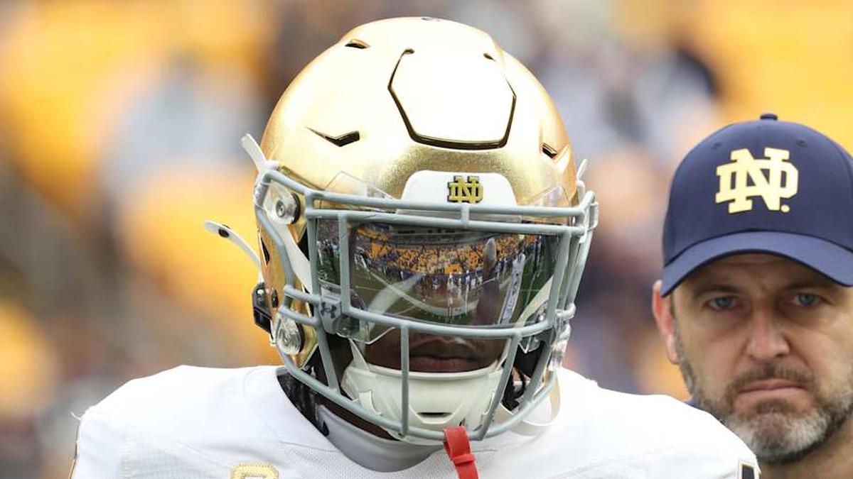  Nov 15, 2025; Pittsburgh, Pennsylvania, USA; Notre Dame Fighting Irish safety Adon Shuler (8) warms up before the game against the Pittsburgh Panthers at Acrisure Stadium. Mandatory Credit: Charles LeClaire-Imagn Images | Charles LeClaire-Imagn Images 