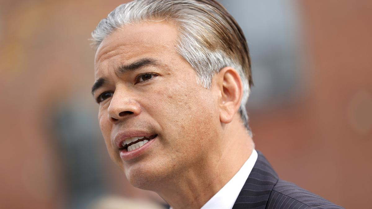 California Attorney General Rob Bonta speaks during a news conference outside of an Amazon distribution facility on Nov. 15, 2021. New California rules under Bonta outlaw blackjack-style and player-dealer games, risking 30,000 jobs and critical city tax revenue tied to cardrooms statewide.