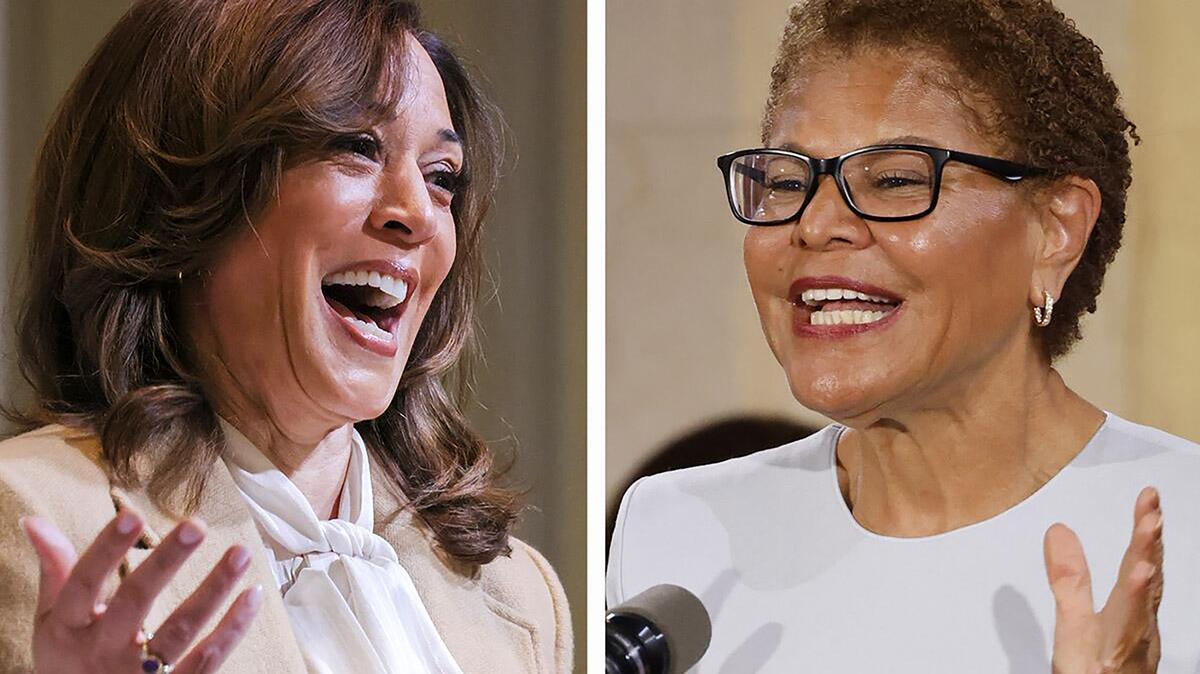 Former Vice President Kamala Harris, left, speaks at the Leading Women Defined Summit at the Ritz-Carlton on Thursday, April 3, 2025, in Dana Point, California. Los Angeles Mayor Karen Bass, right, delivers her State of the City address at LA City Hall on Monday, April 21, 2025, in Los Angeles. (Juliana Yamada/Carlin Stiehl/Los Angeles Times/TNS)