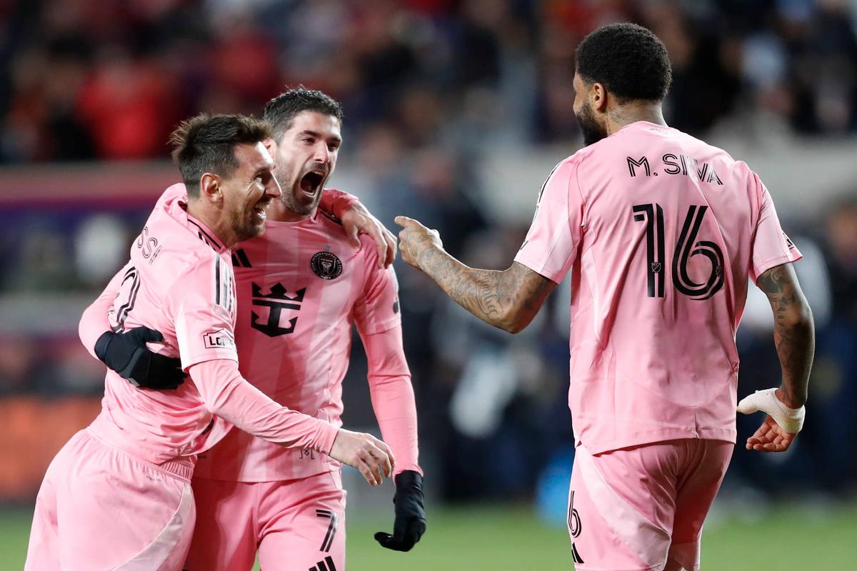  Rodrigo De Paul celebrates with teammate Lionel Messi after scoring the team's first goal during the MLS match between Real Salt Lake and Inter Miami CF. Photo by Chris Gardner/Getty Images
