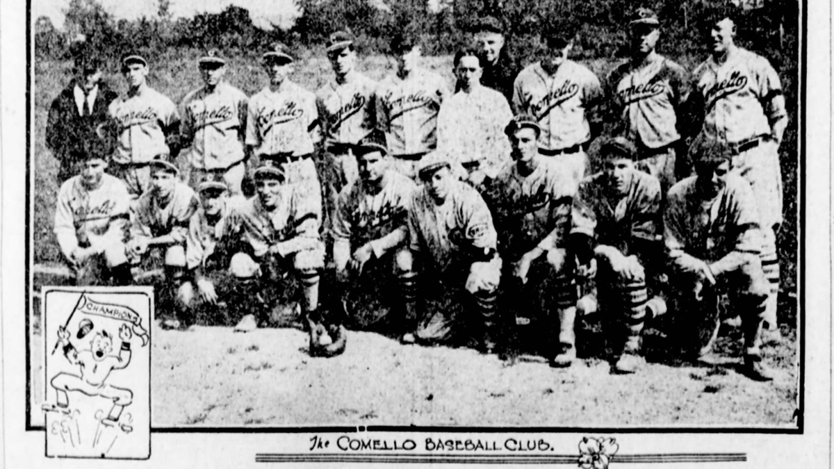 “Class A Amateur Champions”: A team picture of the Comello Baseball Club that won the amateur baseball national championship