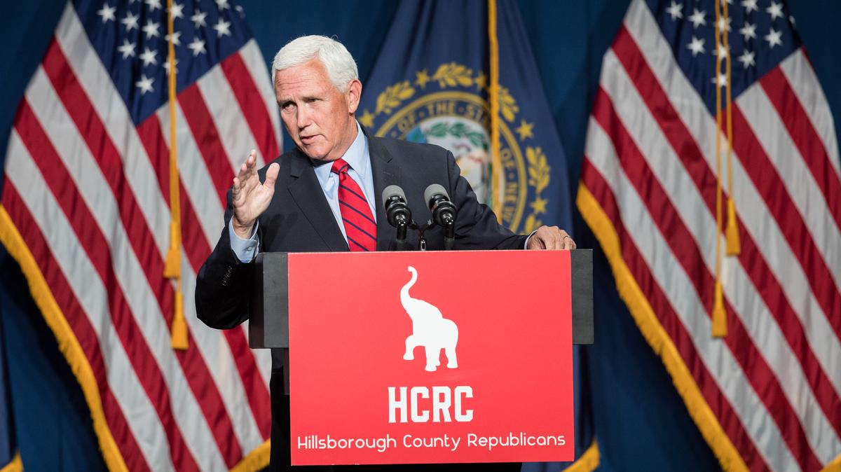 Former Vice President Mike Pence addresses the GOP Lincoln-Reagan Dinner on June 3, 2021, in Manchester, New Hampshire. (Scott Eisen/Getty Images/TNS)