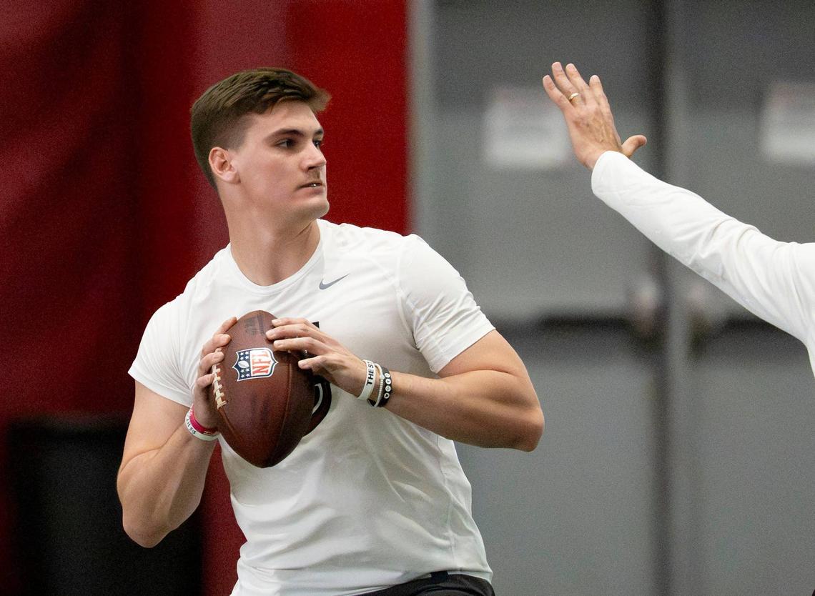  Quarterback Ty Simpson throws during Pro Day at the University of Alabama. Gary Cosby Jr. / USA TODAY NETWORK via Imagn Images