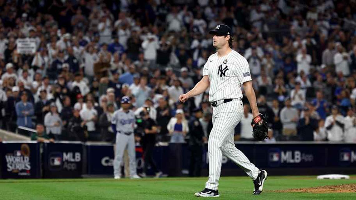  New York Yankees pitcher Gerrit Cole (45) is removed from the game during the seventh inning against the Los Angeles Dodgers in game five of the 2024 MLB World Series at Yankee Stadium. | Vincent Carchietta-Imagn Images 