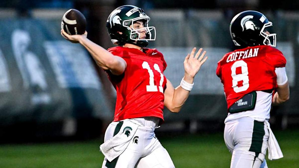  Michigan State's Alessio Milivojevic throws a pass during spring football practice on Tuesday, April 14, 2026, in East Lansing. | Nick King/Lansing State Journal / USA TODAY NETWORK via Imagn Images 