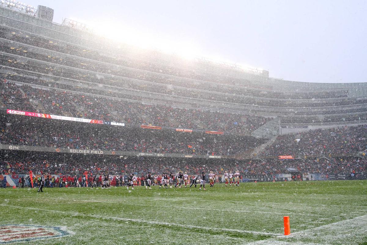  Dec 4, 2016; Chicago, IL, USA; Snow falls at Soldier Field during the game between the Chicago Bears and the San Francisco 49ers. Mandatory Credit: Caylor Arnold-USA TODAY Sports 