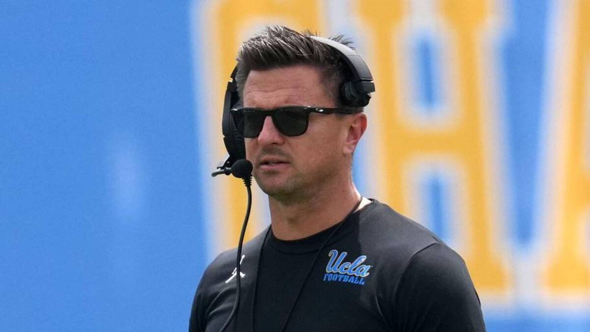  May 2, 2026; Pasadena, CA, USA; UCLA Bruins coach Bob Chesney reacts during the spring game at Rose Bowl. Mandatory Credit: Kirby Lee-Imagn Images | Kirby Lee-Imagn Images 