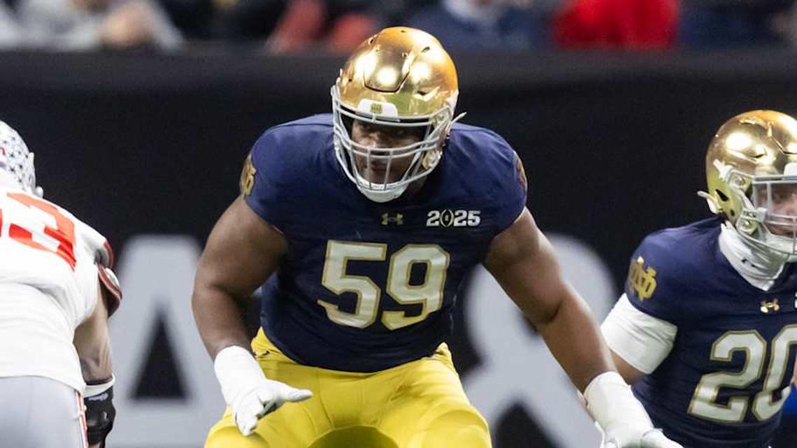  Jan 20, 2025; Atlanta, GA, USA; Notre Dame Fighting Irish offensive lineman Aamil Wagner (59) against the Ohio State Buckeyes during the CFP National Championship college football game at Mercedes-Benz Stadium. Mandatory Credit: Mark J. Rebilas-Imagn Images | Mark J. Rebilas-Imagn Images 