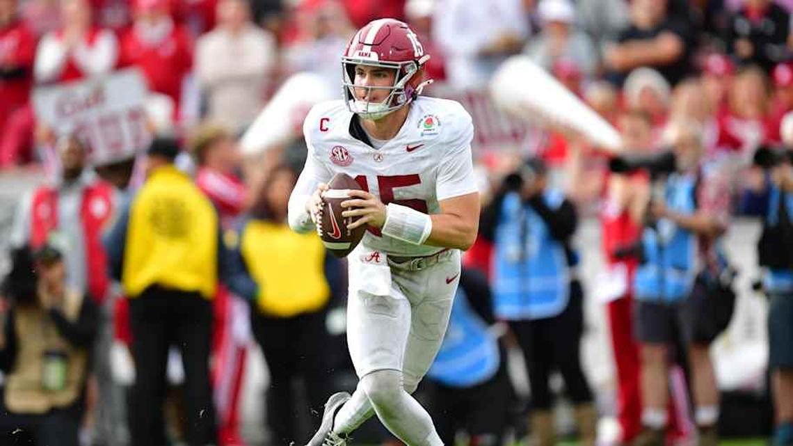  Jan 1, 2026; Pasadena, CA, USA; Alabama Crimson Tide quarterback Ty Simpson (15) looks to pass against the Indiana Hoosiers in the first half of the 2026 Rose Bowl and quarterfinal game of the College Football Playoff at Rose Bowl Stadium. Mandatory Credit: Gary A. Vasquez-Imagn Images | Gary A. Vasquez-Imagn Images 