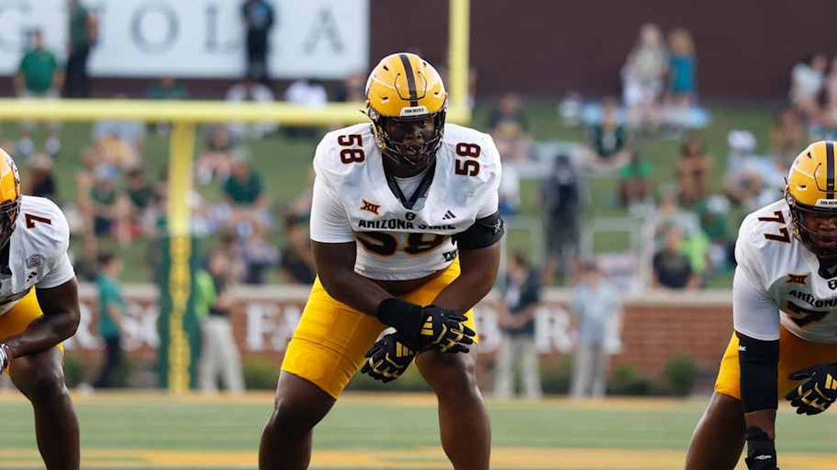 Sep 20, 2025; Waco, Texas, USA; Arizona State Sun Devils offensive lineman Max Iheanachor (58) in action against the Baylor Bears during the first half at McLane Stadium. Mandatory Credit: Chris Jones-Imagn Images | Chris Jones-Imagn Images 