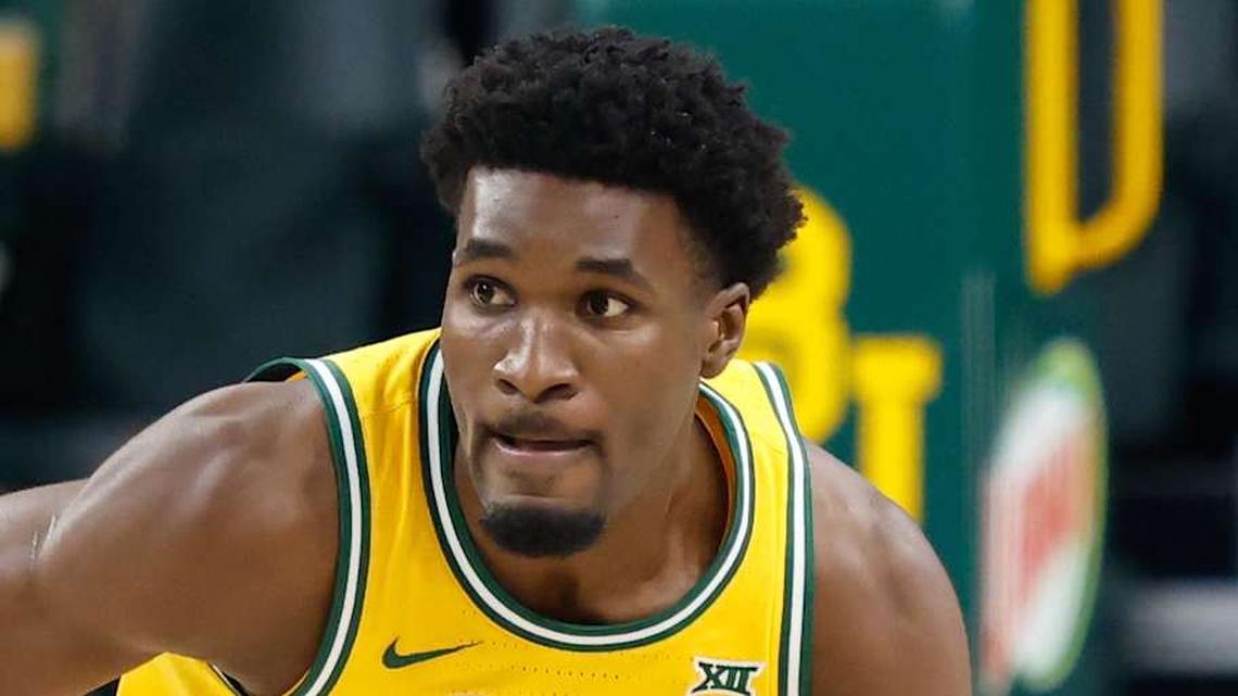  Mar 7, 2026; Waco, Texas, USA; Baylor Bears guard Tounde Yessoufou (24) dribbles the ball up court against the Utah Utes during the first half at Paul and Alejandra Foster Pavilion. Mandatory Credit: Chris Jones-Imagn Images | Chris Jones-Imagn Images 