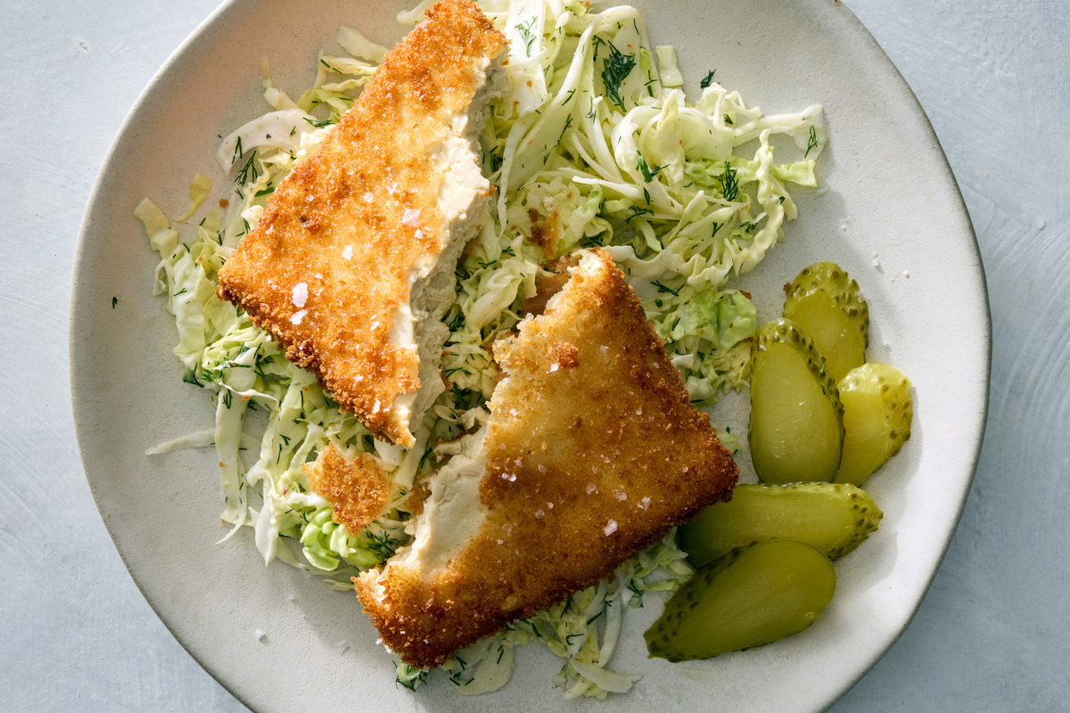 Tofu Schnitzel With Buttermilk Slaw. Food Stylist: Simon Andrews. (Christopher Simpson/The New York Times)
