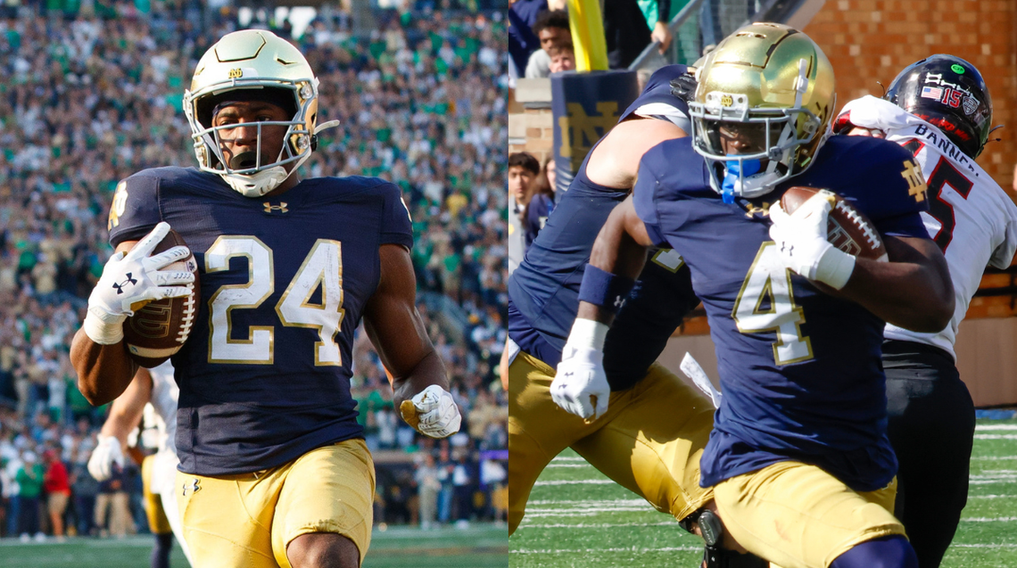  Notre Dame running backs Jadarian Price (24) and Jeremiyah Love (4) form the nation's best one-two punch at RB. Angela Driskell, Irish Breakdown (Jeremiyah Love) - Michael Clubb, USA TODAY Sports (Jadarian Price)