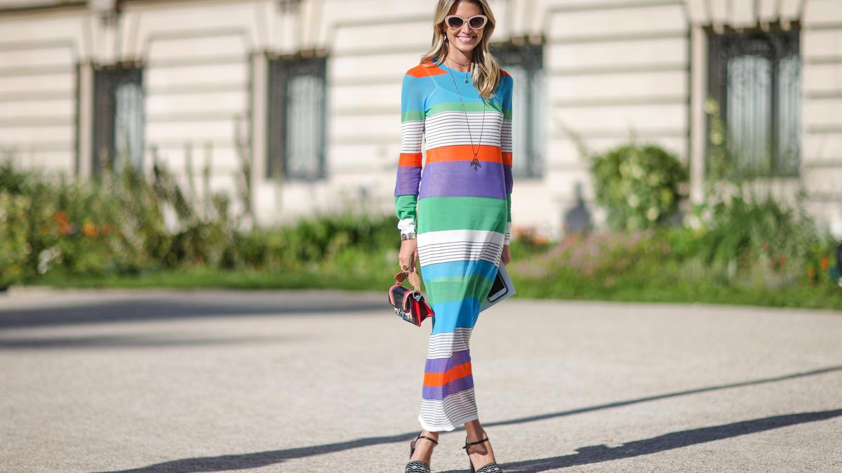 PARIS, FRANCE - JULY 03:  Helena Bordon wears sunglasses, a striped dress, outside the Giambattista Valli show, during Paris Fashion Week - Haute Couture Fall/Winter 2017-2018, on July 3, 2017 in Paris, France.  (Photo by Edward Berthelot/Getty Images)