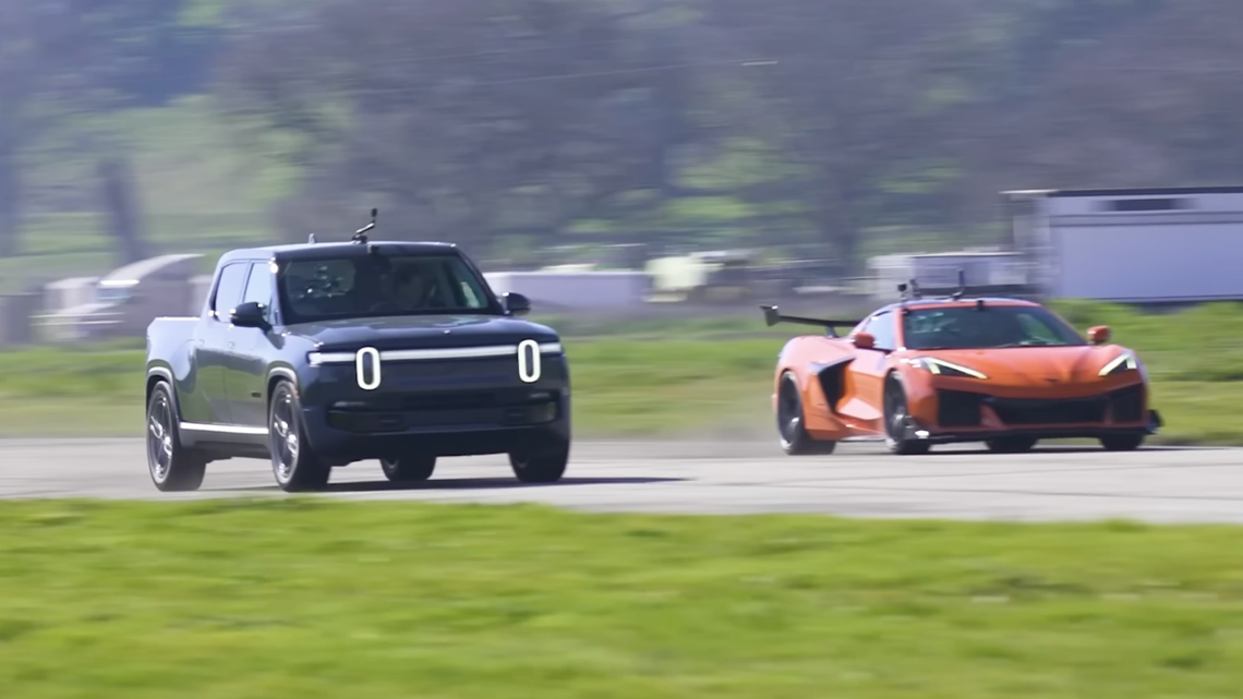 Can the 7,000-LB Rivian R1T Electric Truck Beat a Corvette Z06? 
