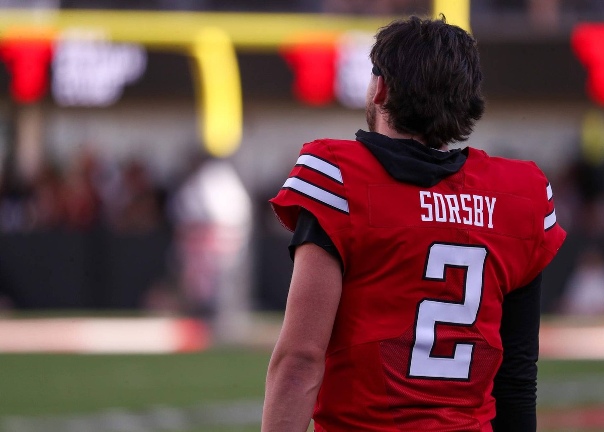  Texas Tech's Brendan Sorsby looks on during the spring football game, Friday, April 17, 2026, at Jones AT&T Stadium. © Nathan Giese/Avalanche-Journal / USA TODAY NETWORK via Imagn Images